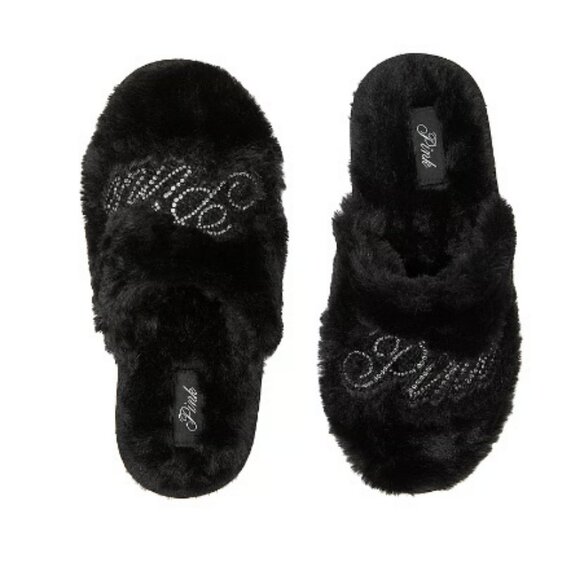 PINK Faux-Fur Closed-Toe Slippers Pure Black Bling Logo Size S - Picture 3 of 3